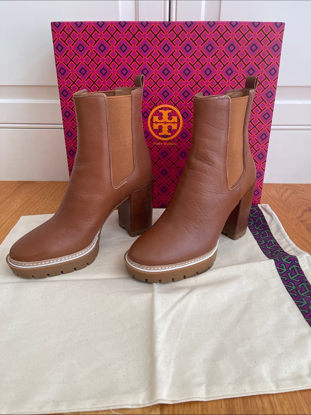 Tory Burch caramel Brown Leather Miller Chelsea Platform Boots